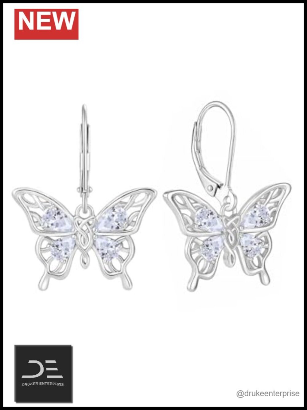 925 Sterling Silver Leverback Butterfly Earrings with Cubic Zirconia Gemstone